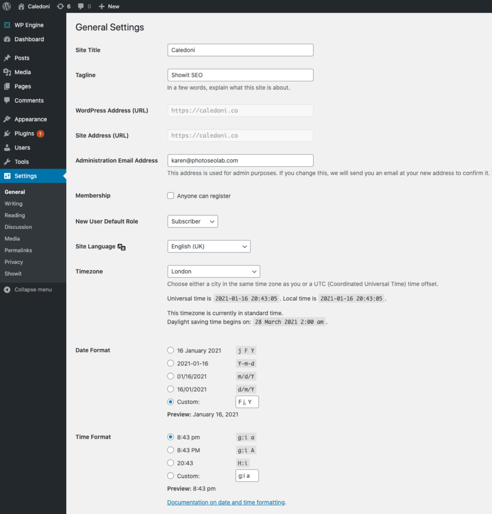 screenshot of WordPress general settings