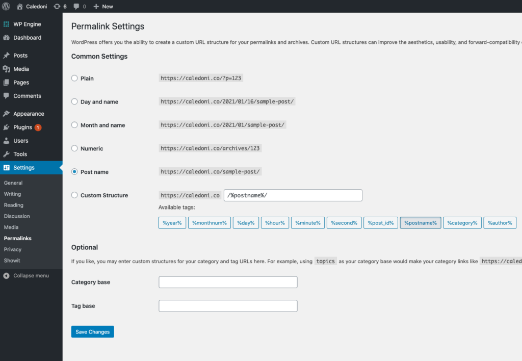 screenshot of WordPress permalink settings