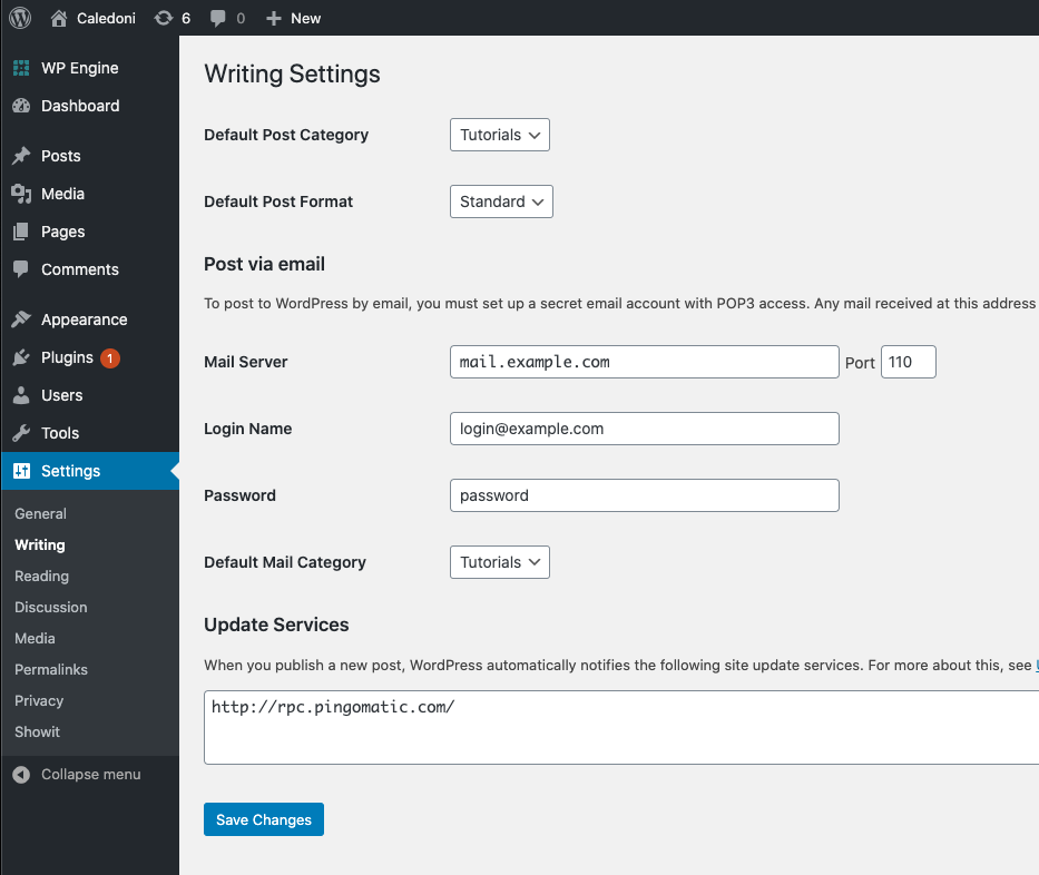 screenshot of WordPress writing settings